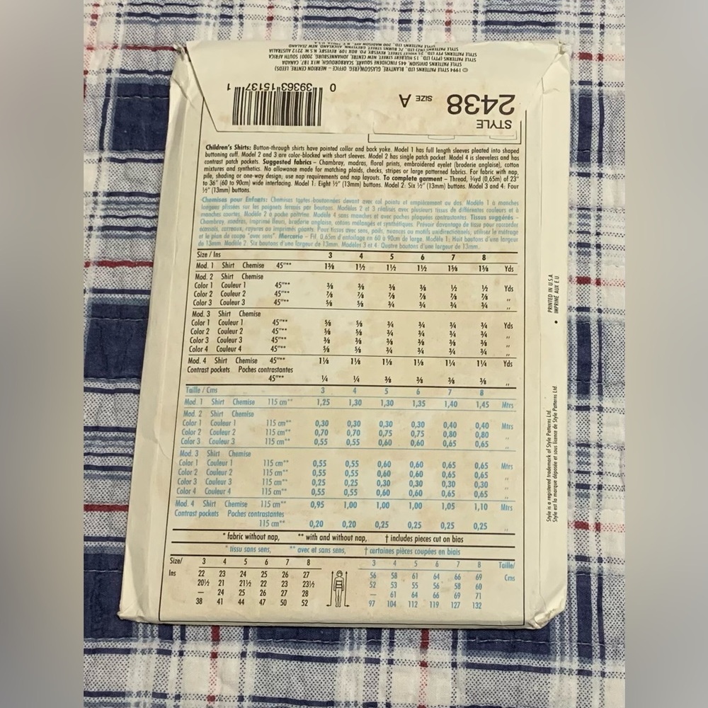 STYLE Pattern 2438 Size A (3-8) SHIRTS UNCUT - Picture 2 of 3